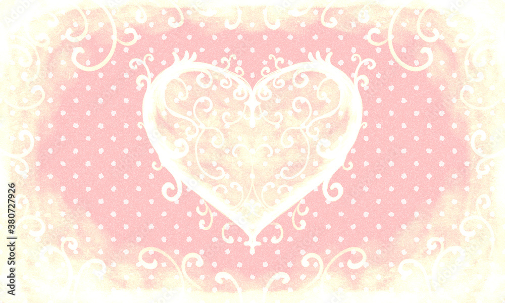 cute romantic light bright pink white yellow background with white polka dots, with big hearts in the center, ornately decorated. Card for valentine's day, christmas, mother's day, birthday