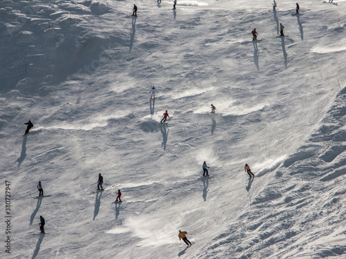 Aerial view of skiers skiing