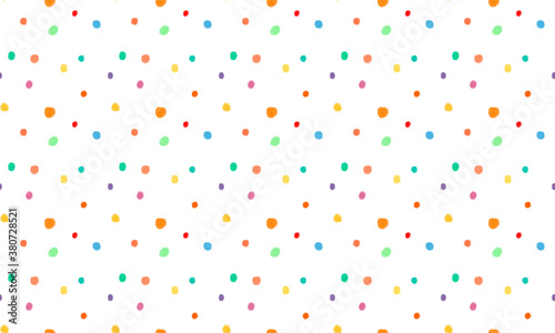 seamless repeating white simple primitive childish bright festive background with polka dots, dots of red, orange, blue, green, yellow, violet colors. Primitive hand-drawn drawing