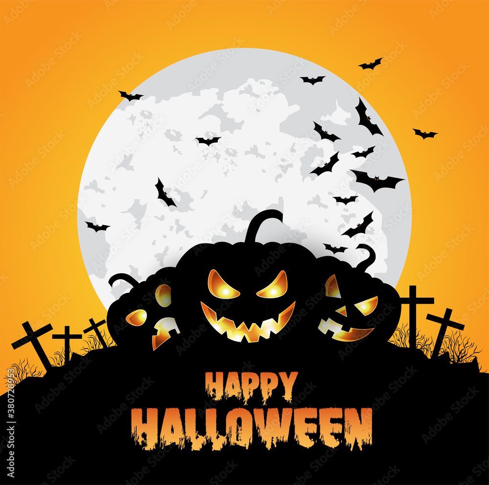 Happy Halloween banner or party invitation background with clouds, bats and pumpkins. Vector illustration. sky, spiders web.