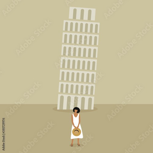 Young woman in white dress on the background of the Leaning Tower of Pisa