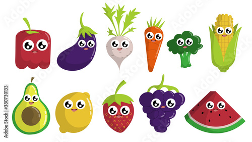Cute fun fruit and vegetable cartoon characters