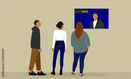 Three characters watching the news on TV on the wall