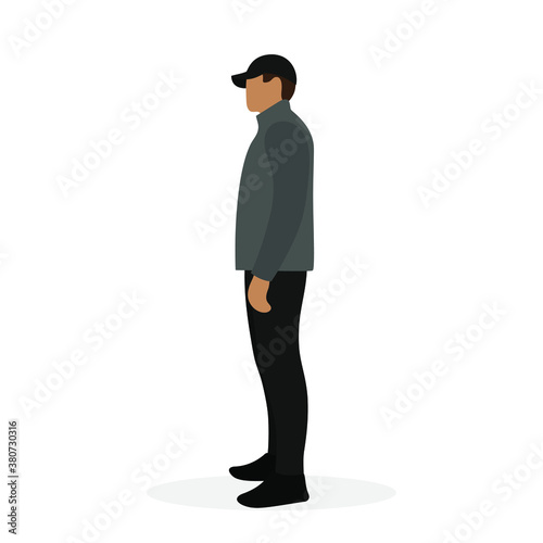 Male character in jacket and cap on white background