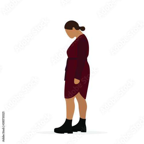 Fat female character in dress and boots on white background