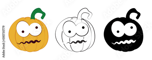 Set pumpkin on a white background. Halloween holiday symbol. Orange pumpkin with a smile and other emotions for your design. Vector illustration.