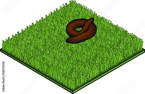 A square of fake/plastic turf/lawn with a large lump of dog/animal excrement.