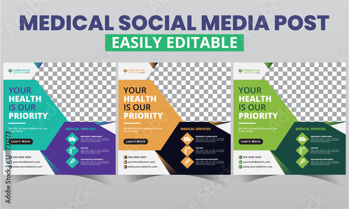 Medical Social Media Post Layouts promotion Vector Design. Modern digital marketing abstract geometric Healthcare social media square web banner timeline advertising templates with photo college.