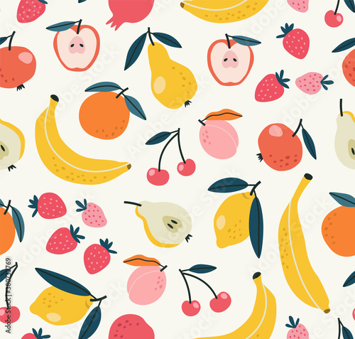 Seamless pattern of fruit background elements on a beige background. Set with hand-drawn fruit doodles. The tropical pattern of banana, apple, pear, peach, strawberry, lemon, cherry, and pomegranate.