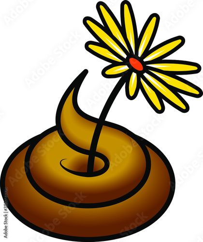A stylized brown swirl of excrement with a yellow daisy flower.