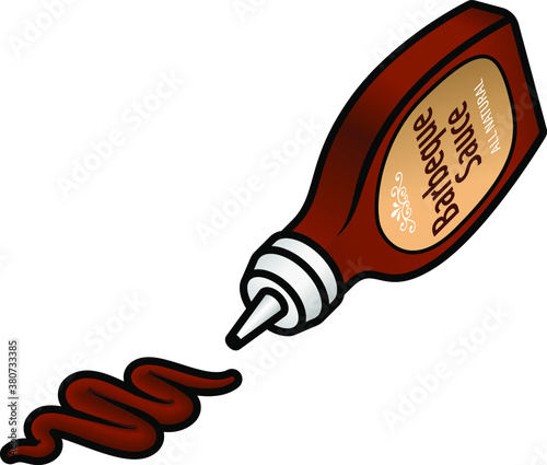 A squeeze bottle of barbeque sauce. Dispensing a squiggle of sauce.