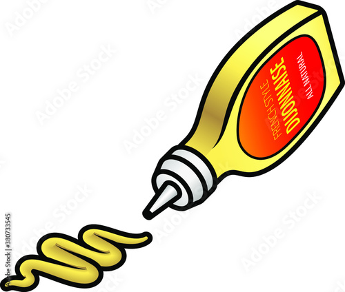 A squeeze bottle of french style dijonnaise. Dispensing a squiggle of sauce.