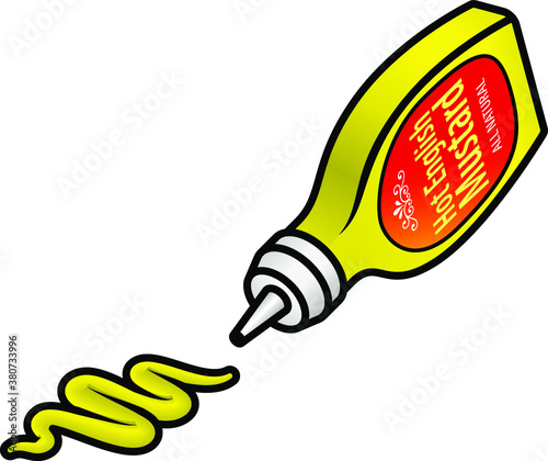 A squeeze bottle of hot engllish mustard. Dispensing a squiggle of sauce. photo