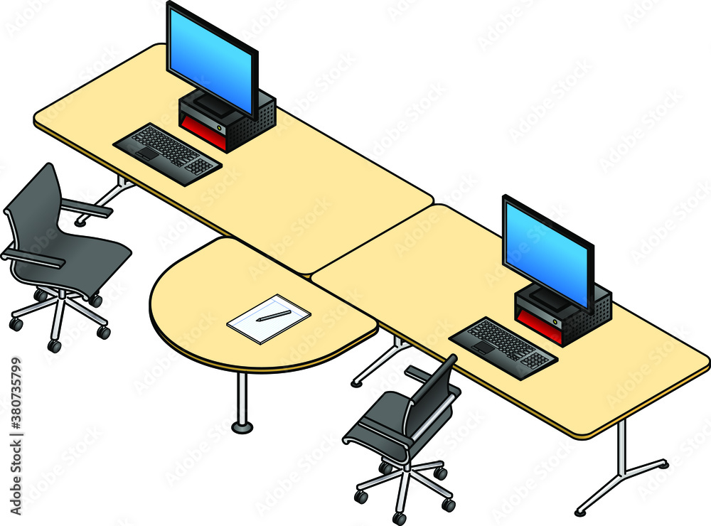 Fototapeta premium Twin office desks set up for two workers. With an integrated meeting table.