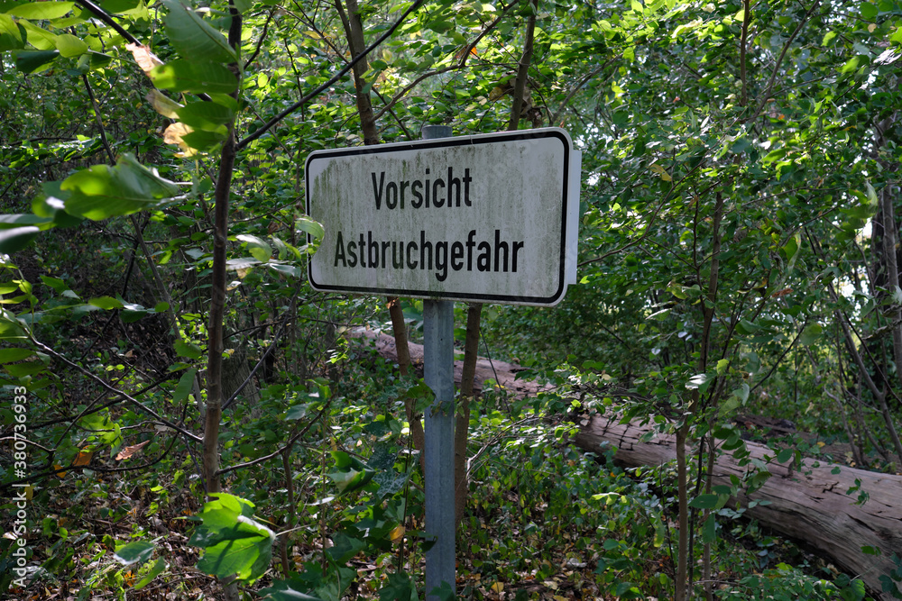 Waldgebiet mit Schild Vorsicht Astbruchgefahr - Stockfoto