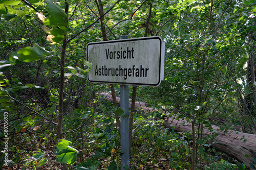 Waldgebiet mit Schild Vorsicht Astbruchgefahr - Stockfoto