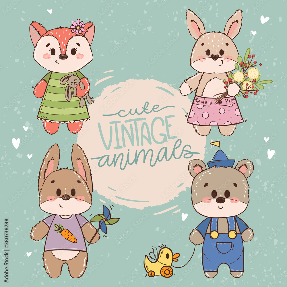 Fototapeta premium Hand drawn set of cute animals in vintage style. Collection of bear, fox, hare, rabbit or bunny. Little characters for children's books, wallpapers, prints, textile, fabric, cotton, poster, nursery.