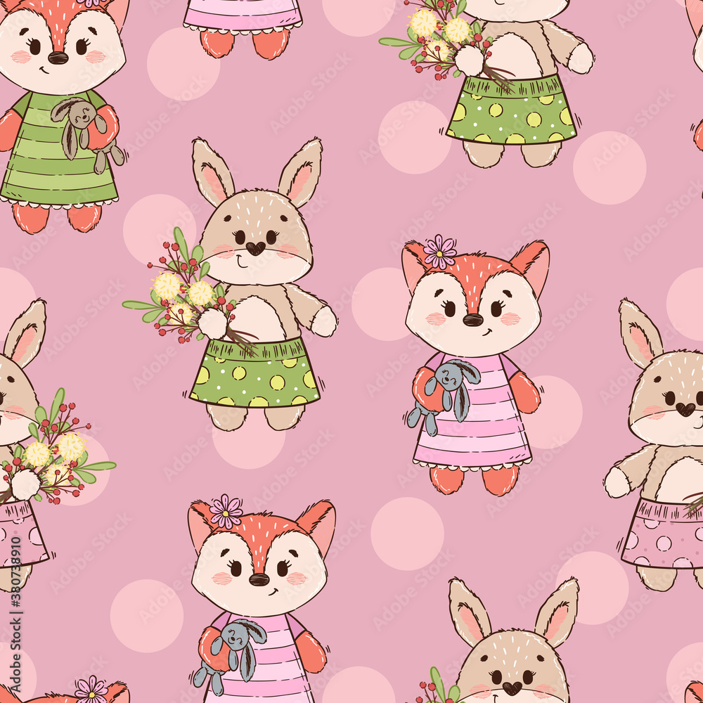 Seamless pattern with cute characters: bear, fox, hare, rabbit or bunny. Texture for girl on pink background. Ornament for a children's book, cover, textile, cotton, fabric, poster, print.