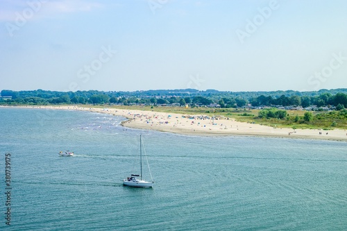 Fototapeta Naklejka Na Ścianę i Meble -  Beautiful view on the bay, beach in Lubeck - Travemunde (Travemünde) on baltic sea. Schleswig-Holstein, Germany.