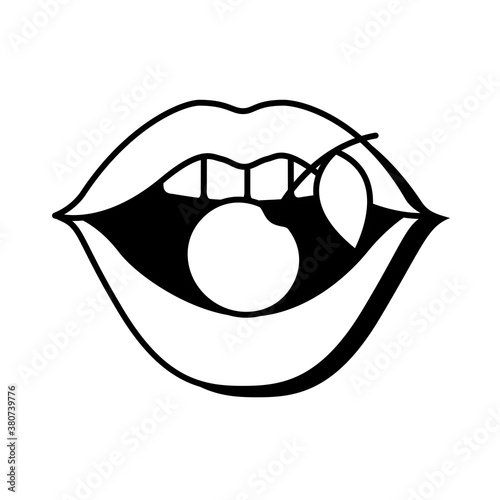 Pop art mouth biting cherryline style icon