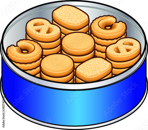 A selection of danish butter cookies in a blue tin.