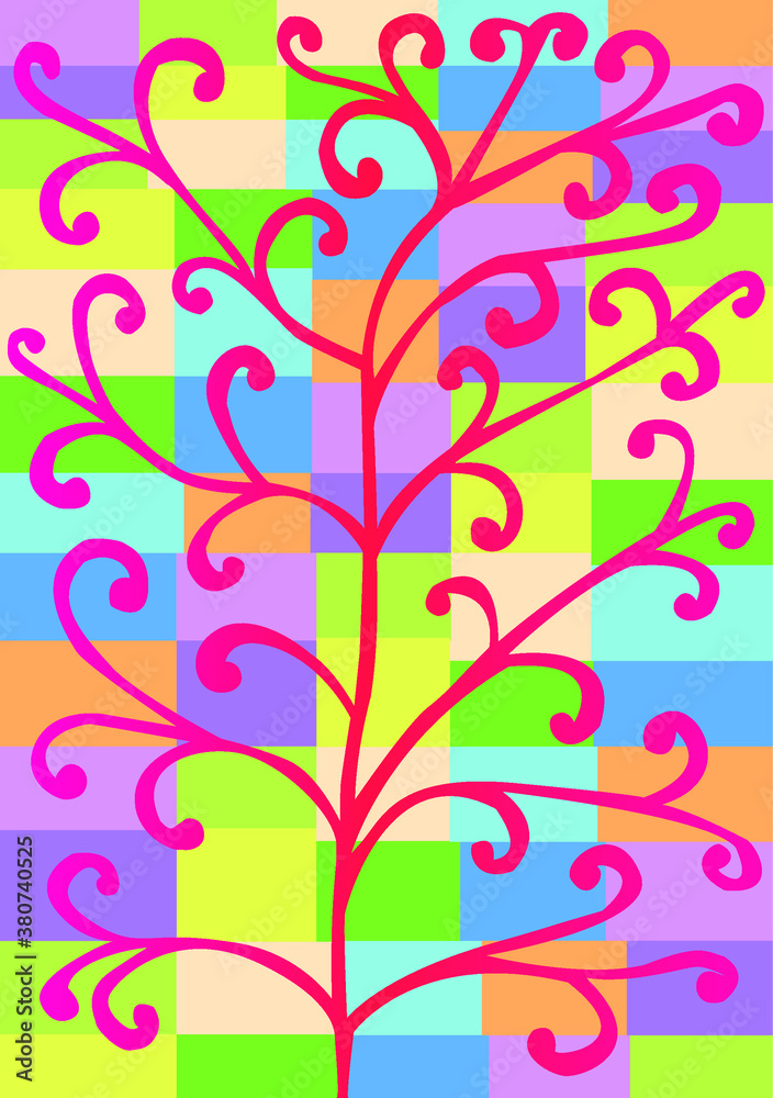 A red lace tree on a background of multicolored squares