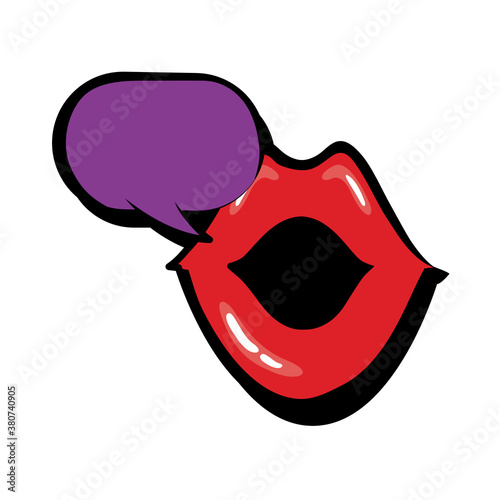 Pop art mouth speaking with speech bubble fill style icon