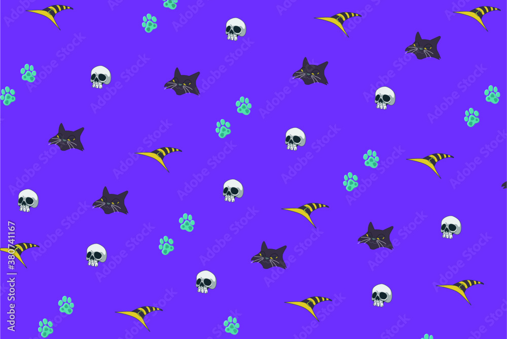 pattern black cat with her footprint and hat with skull in background purple
