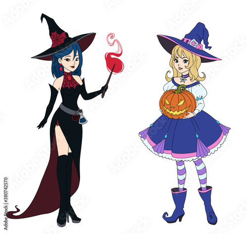 Set of two witches holding Halloween pumpkin and magic wand.