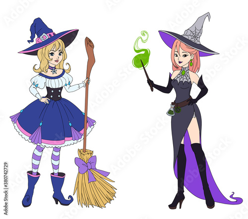 Set of two witches holding broom and magic wand.