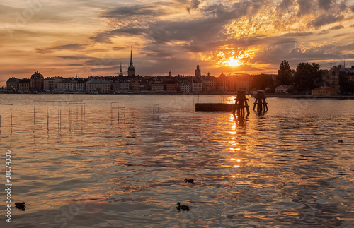 Photography Stockholm old town skyline at sunset.