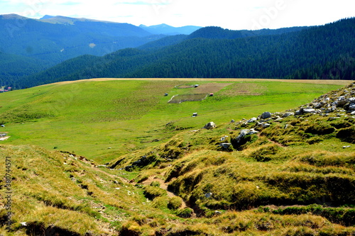 Typical landcsape in the mountains and forests of Transylvania. Bucegi Massif, Carpathian Mountains, Romania