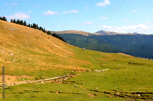 Typical landcsape in the mountains and forests of Transylvania. Bucegi Massif, Carpathian Mountains, Romania