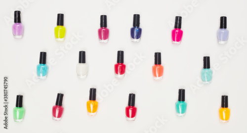 concept, manicure with nail polish, pedicure on white background, copy space, Flat Lay