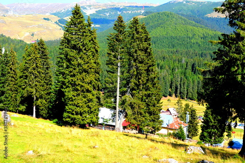 Typical landcsape in the mountains and forests of Transylvania. Bucegi Massif, Carpathian Mountains, Romania