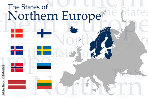 A set of icons for Northern European flags. Vector image of flags and maps of Europe on a white background. You can use it to create a website, print brochures, booklets, flyers, and travel guides.