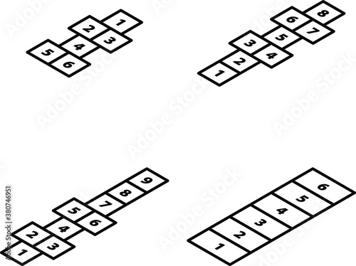 A selection of different hopscotch games. In isometric.