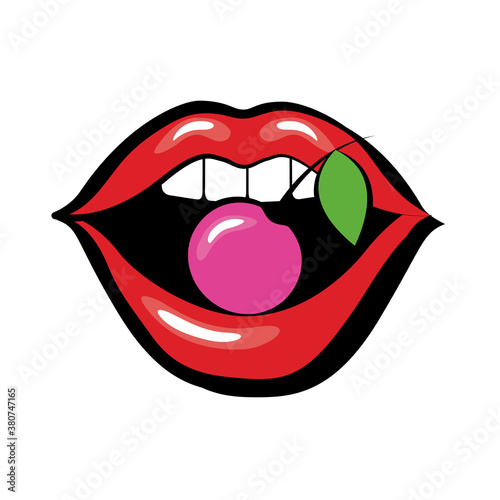 Pop art mouth biting cherry fill style icon