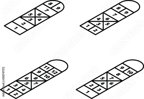 A selection of different hopscotch games. In isometric.