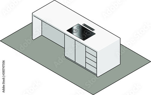 A kitchen island bench with an induction cook-top and in-bench ventilator.