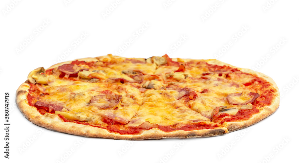 Round pizza on white background.