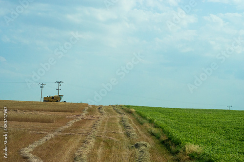field, road, sky, landscape, nature, grass, green, rural, country, agriculture, countryside, summer, blue, meadow, clouds, horizon, cloud, path, way, tree, spring, land, farm, farming, outdoors