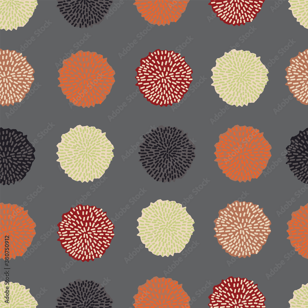 Fototapeta premium Vector pom pom bobble seamless pattern, trendy color, fall 2020, grey, orange, black, almond, wine red. Repeating pattern.