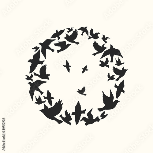Circle of birds, celebration card on beige background