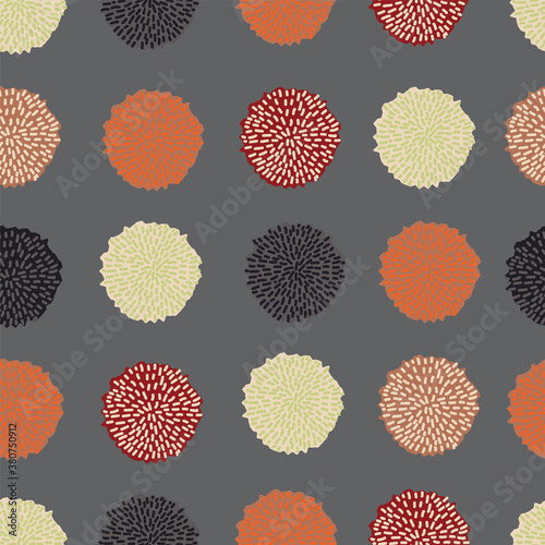 Vector pom pom bobble seamless pattern, trendy color, fall 2020, grey, orange, black, almond, wine red. Repeating pattern.