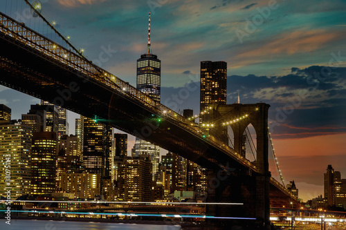 Brooklyn Bridge panorama at sunset New York City Manhattan after sunset beautiful cityscape