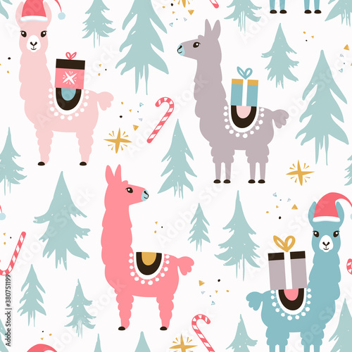Christmas Llamas Seamless Pattern