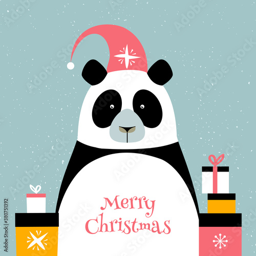 Merry christmas card with panda