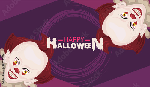 happy halloween horror celebration poster with clowns and lettering
