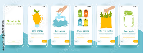 UI, UX, GUI Ecology template set. Waste sorting, save water, save energy, zero waste, no plastic, take your own bag.Small acts change the World. Bright and minimal. For mobile app, responsive web site
